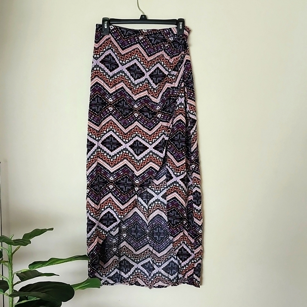 Express multicolor ruched tulip hem midi maxi skirt, fun pattern, women's medium